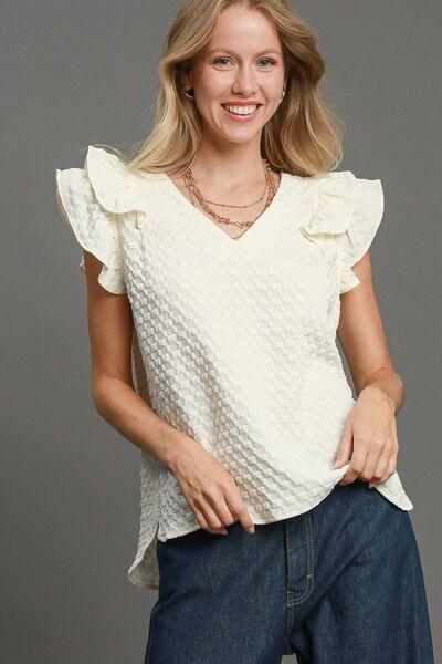 Umgee Full Size Textured Jacquard V-Neck Ruffle Cap Sleeve Blouse Plus Size - Clothes For Her Online Store