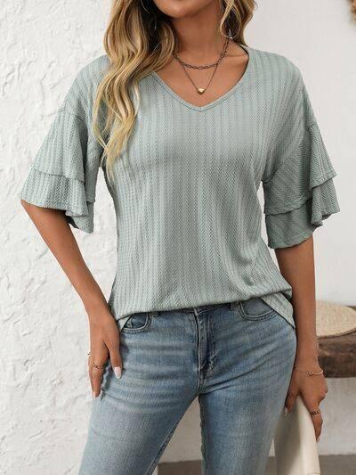 Mandy V-Neck Ruffle Half Sleeve Top - Clothes For Her Online Store