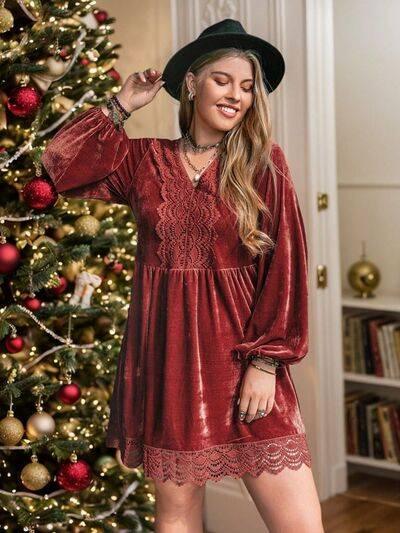 Plus Size Lace Detail V-Neck Long Sleeve Mini Dress - Clothes For Her Online Store