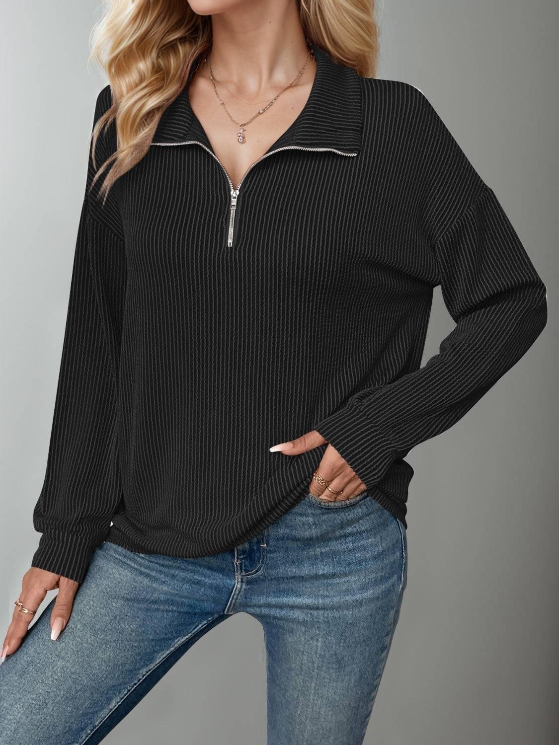 Double Take Striped Half Zip Long Sleeve T-Shirt - Clothes For Her Online Store