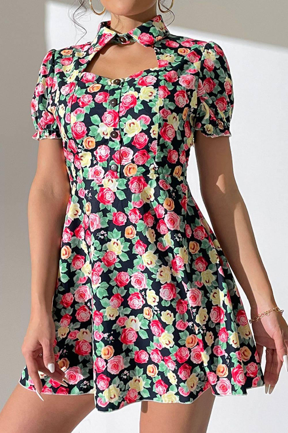 Shiny Floral Buttoned Cutout Puff Sleeve Dress - Clothes For Her Online Store