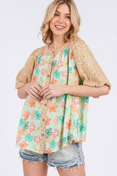 SAGE+FIG Button Down Bubble Sleeves Shirt - Clothes For Her Online Store
