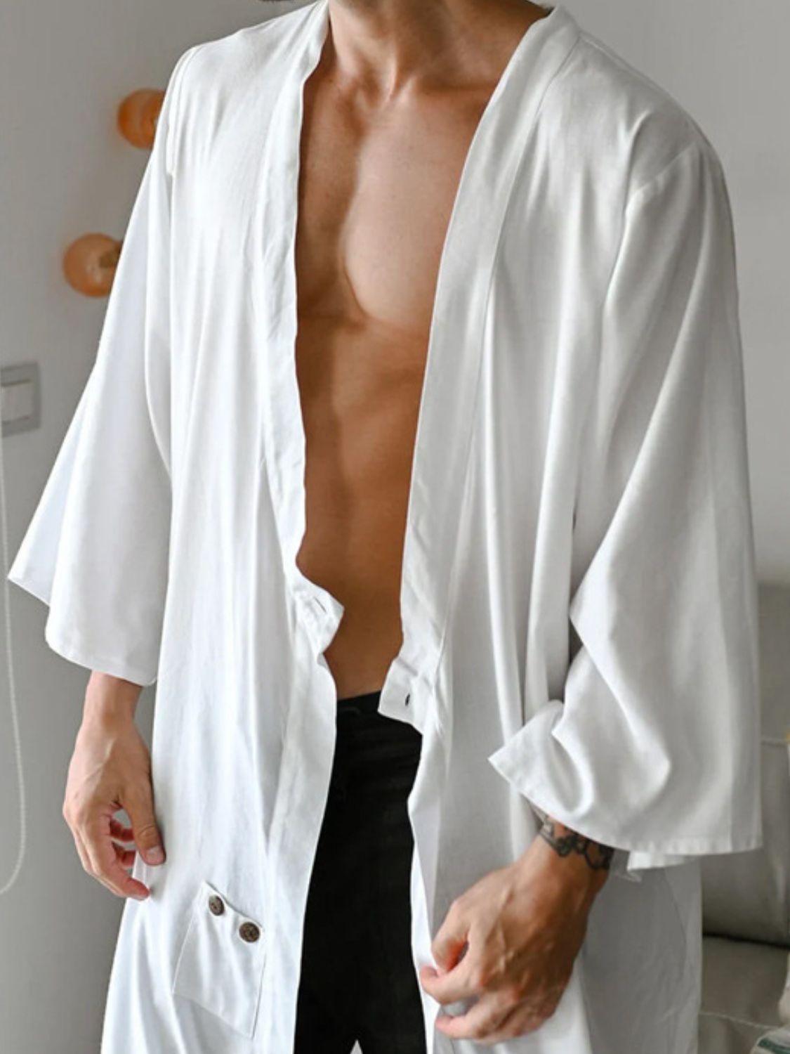 Men's Full Size Button Detail Long Sleeve Cover-Up Plus Size - Clothes For Her Online Store