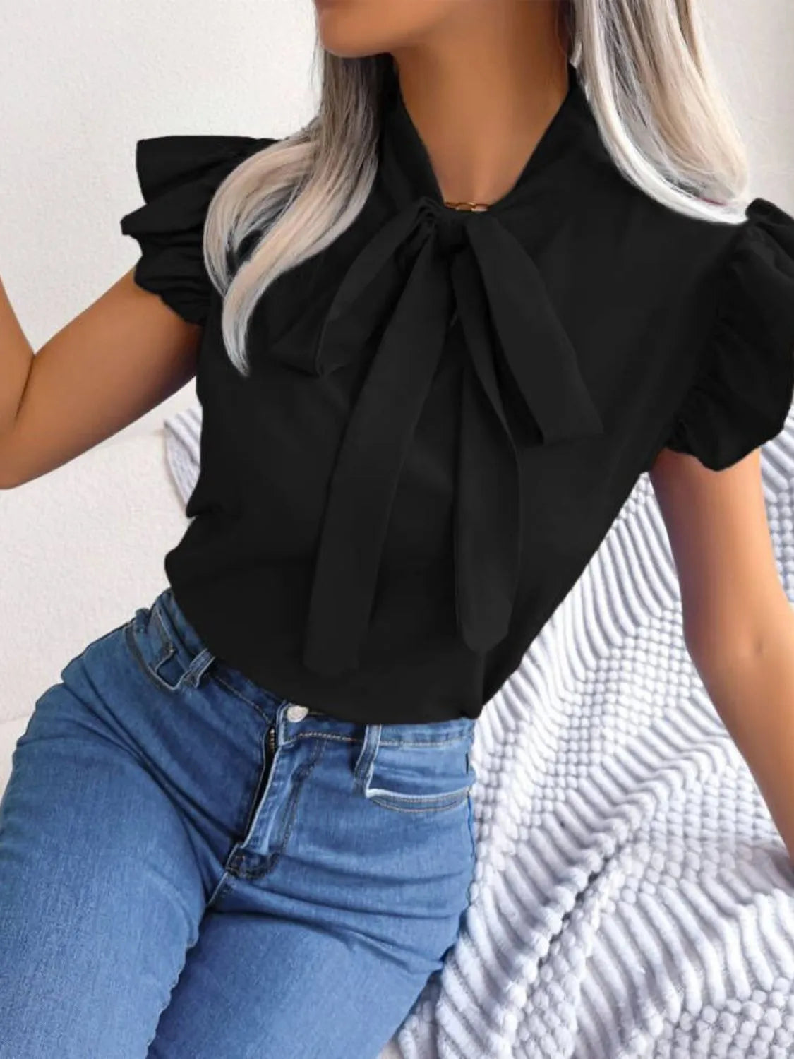 Ruffle Cap Sleeve Bow Tie Blouse