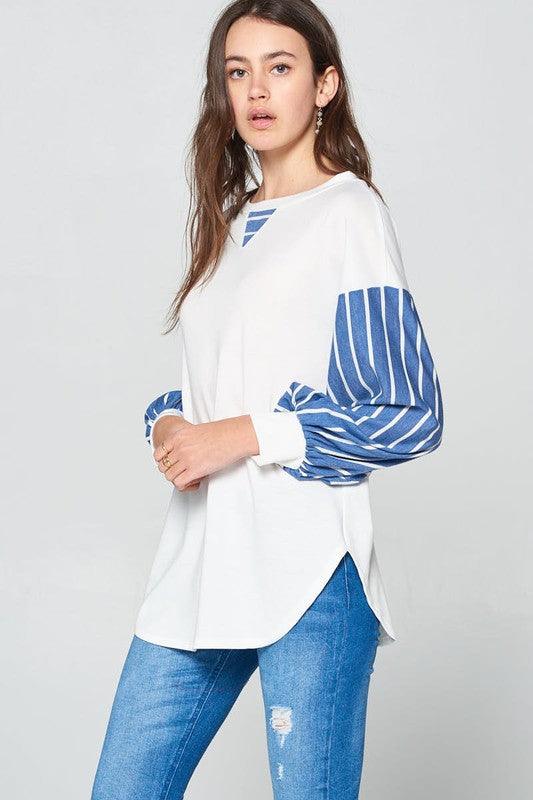 Super Lady Full Size French Terry Striped Long Sleeve Top - Clothes For Her Online Store