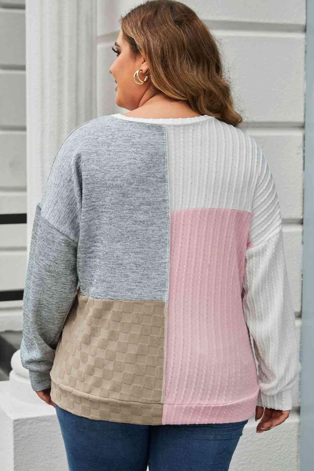 Plus Size Long Sleeve Color Block Top - Clothes For Her Online Store