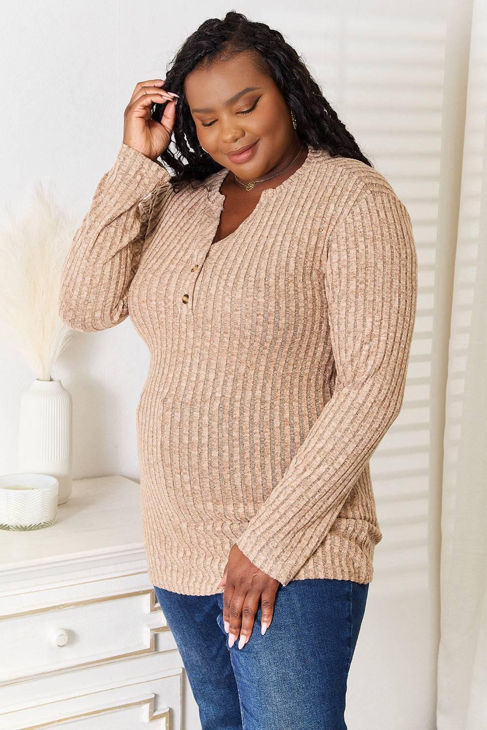 Double Take Notched Neck Ribbed Long Sleeve T-Shirt - Clothes For Her Online Store