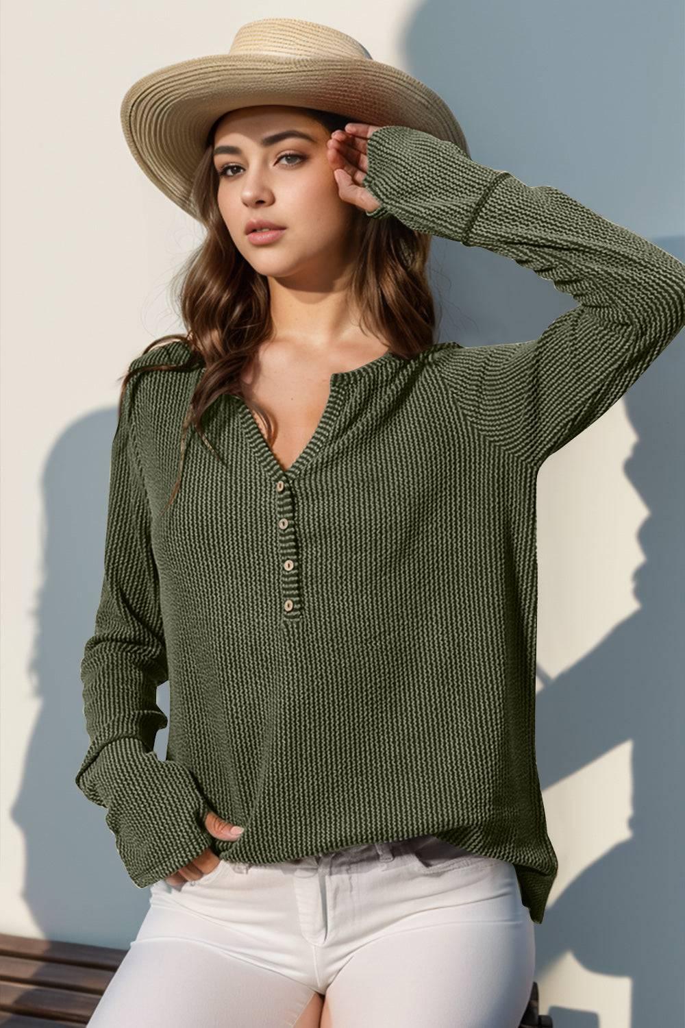 Double Take Full Size Notched Thumbhole Long Sleeve T-Shirt - Clothes For Her Online Store