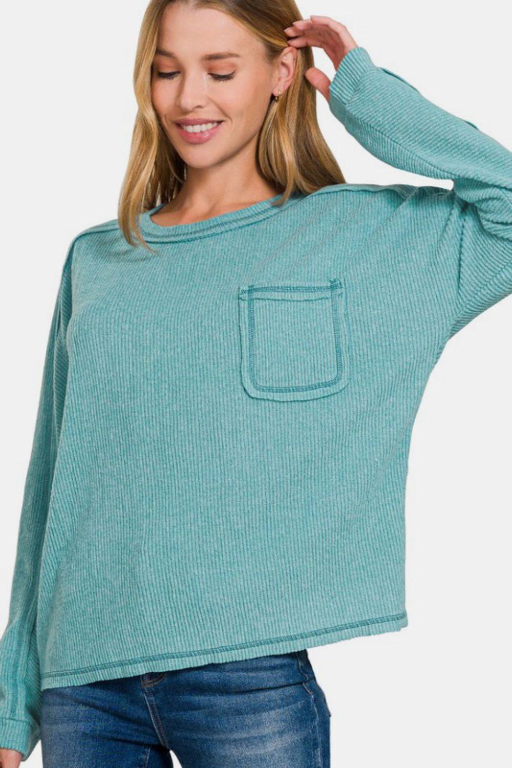 Zenana Full Size Contrast Stitching Brushed Ribbed Hacci Knit Top Plu Size - Clothes For Her Online Store
