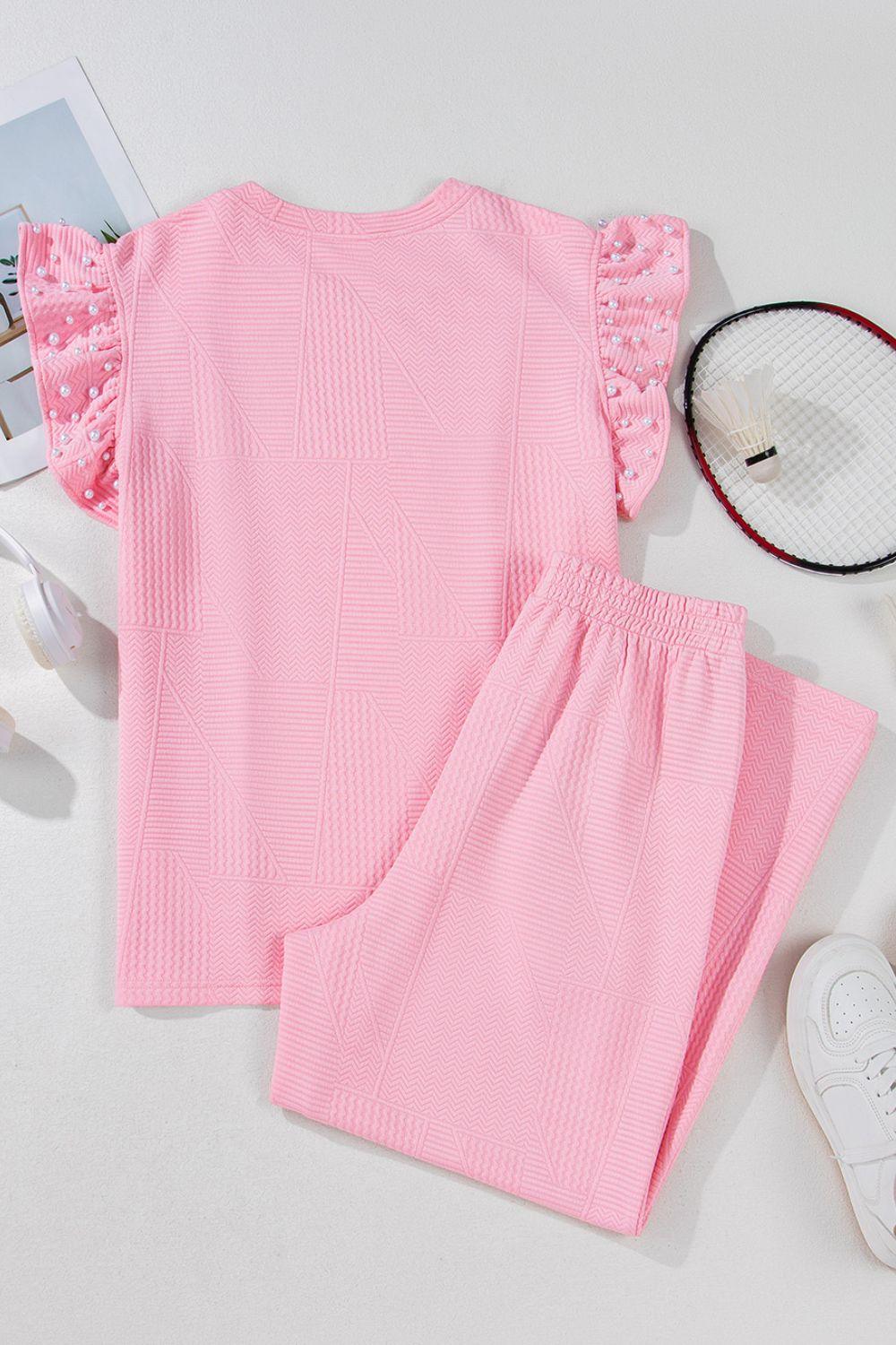 Textured Pearled Ruffled Sleeve Top and Wide Leg Pants Set - Clothes For Her Online Store