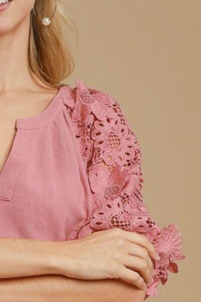 Umgee Full Size French Terry Boxy Cut Top with 3D Floral Sleeve Plus Size - Clothes For Her Online Store