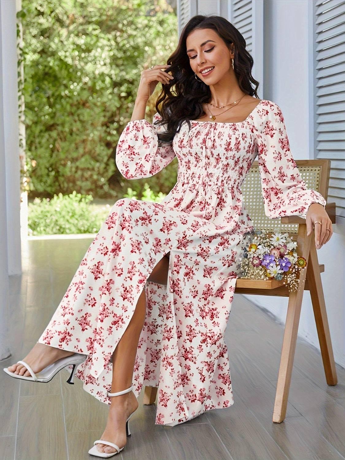 Slit Smocked Floral Square Neck Balloon Sleeve Midi Dress - Clothes For Her Online Store