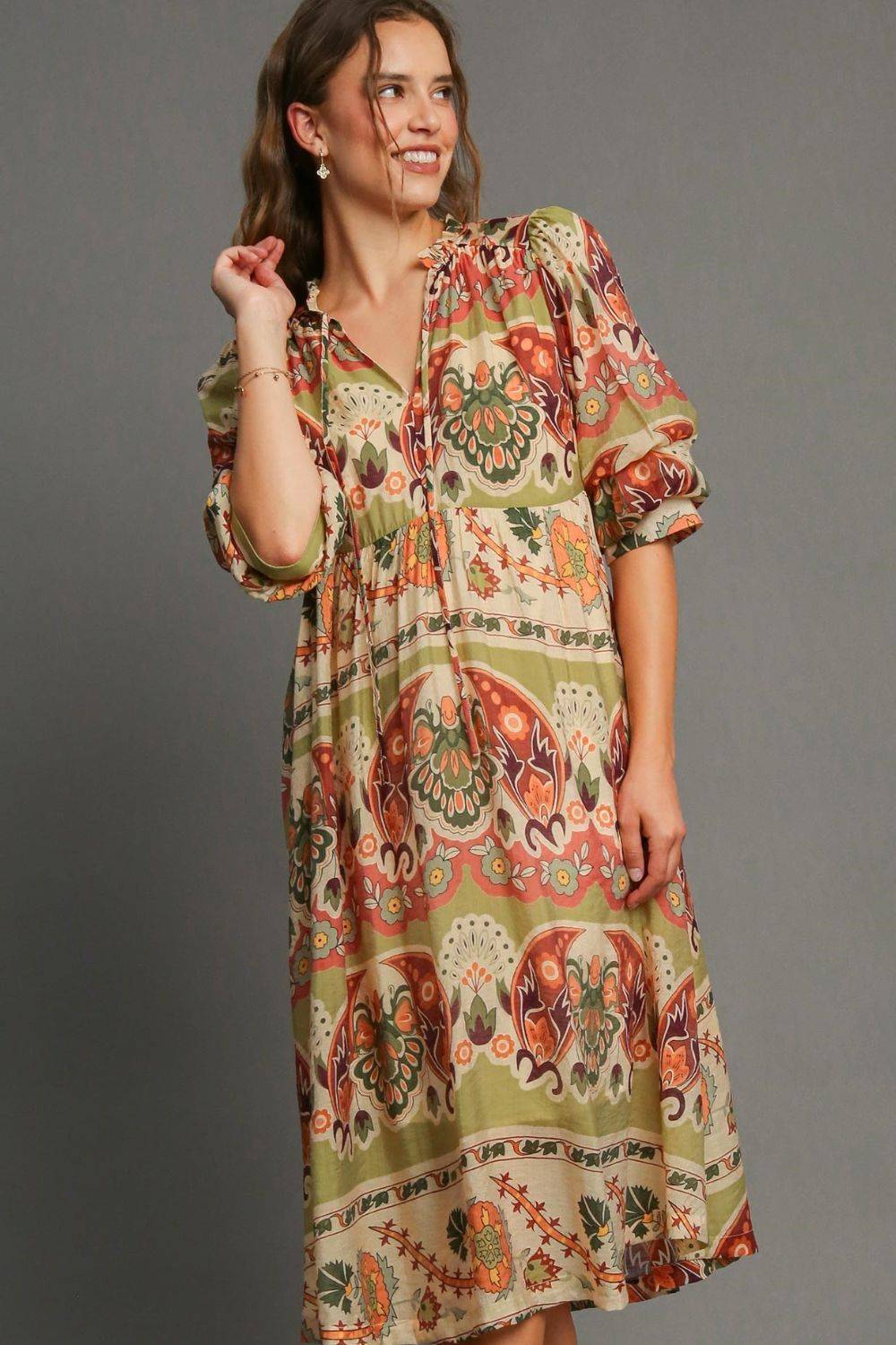 Umgee Full Size Tiered Border Print Midi Dress Plus Size - Clothes For Her Online Store