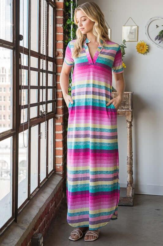 Heimish Full Size Striped Short Sleeve Maxi Tee Dress Plus Size - Clothes For Her Online Store