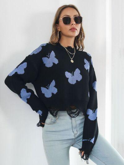 Distressed Butterfly Cropped Sweater - Clothes For Her Online Store