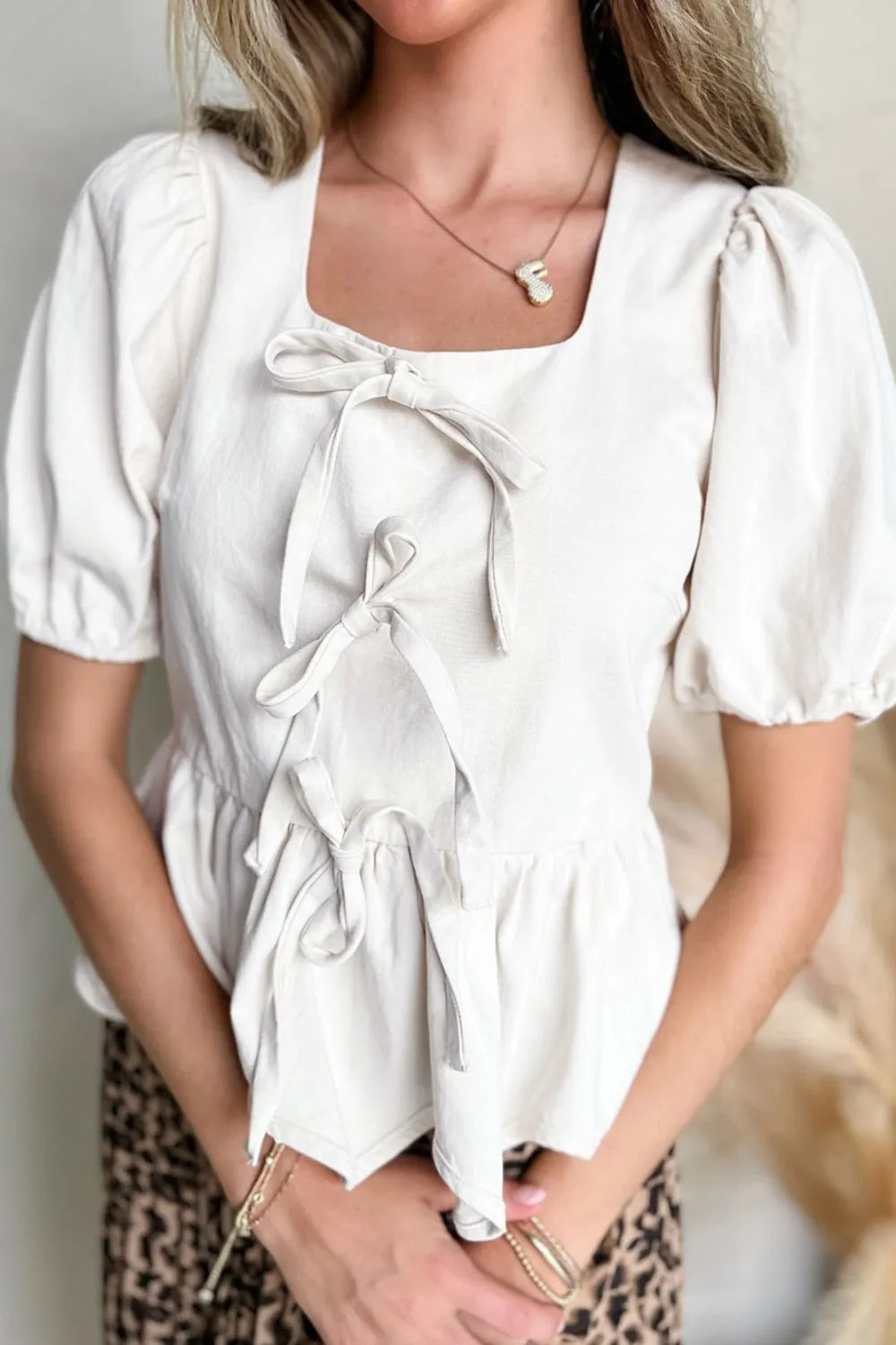 Bow Knot Decor Square Neck Puff Sleeve Peplum Top