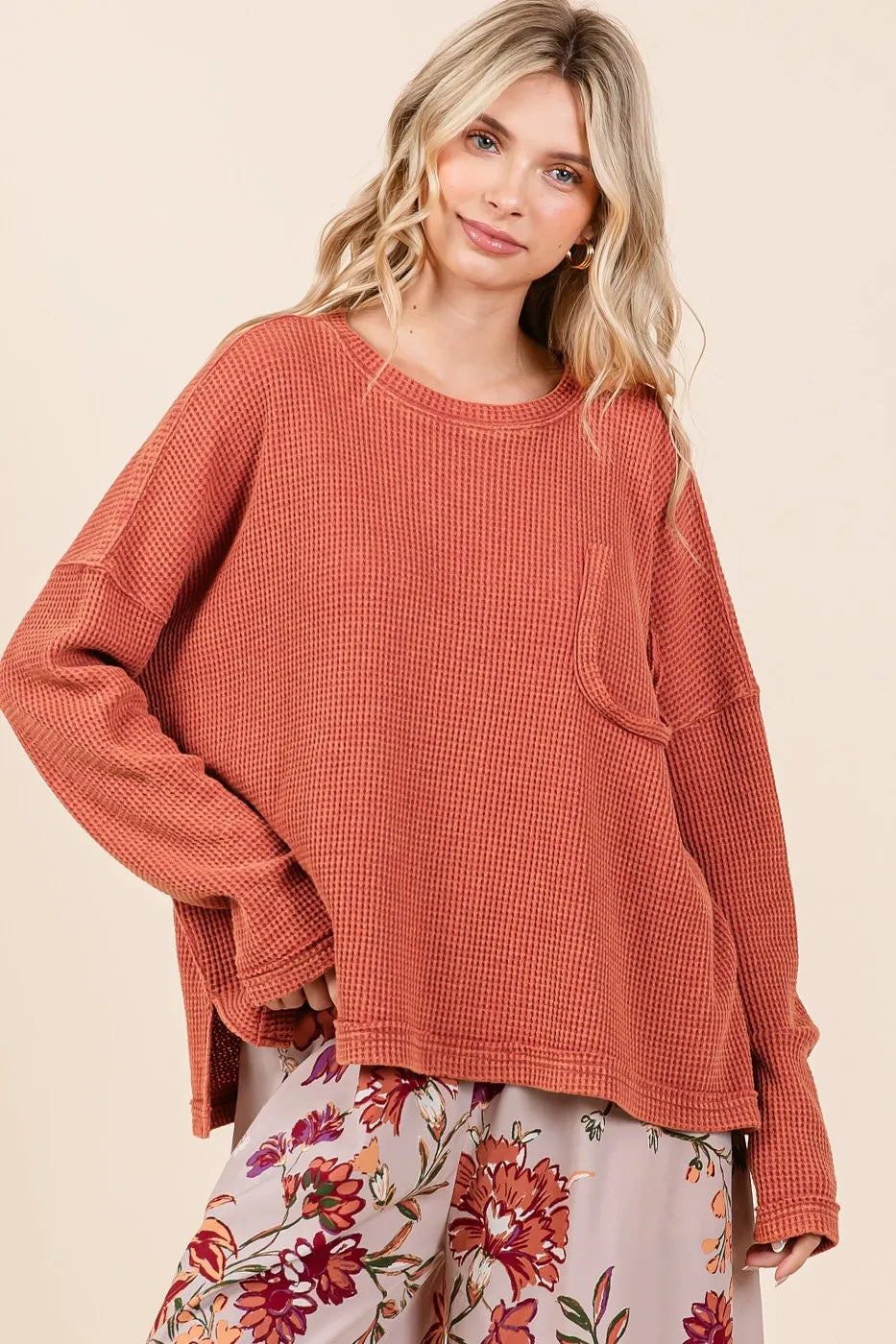 Mittoshop Mineral Wash Cutout Pocket Long Sleeve Waffle Top