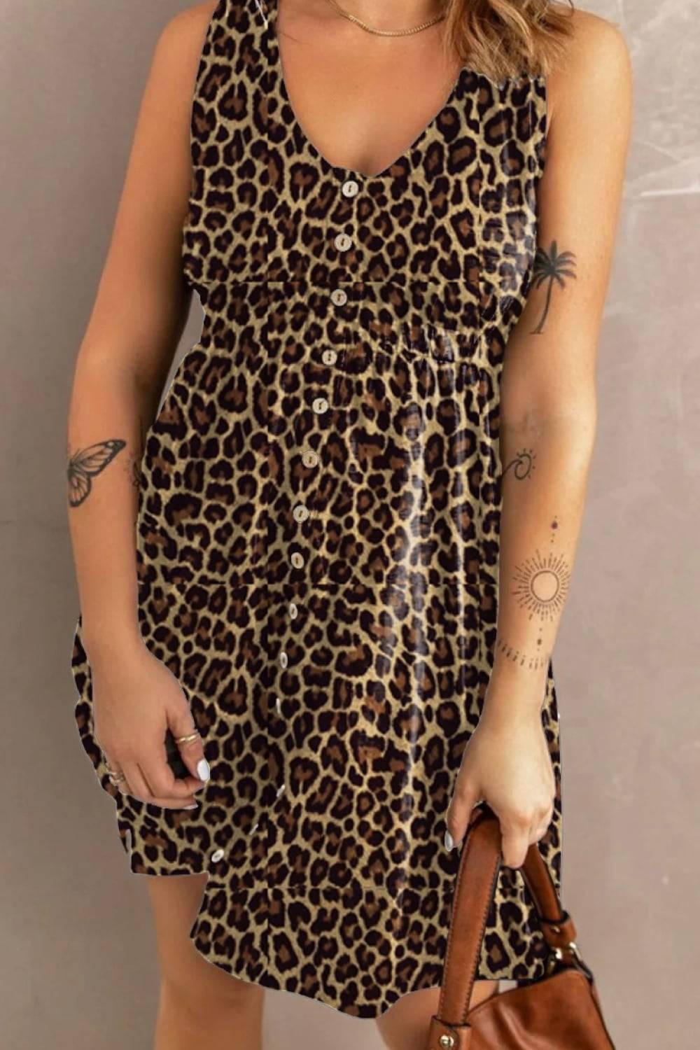 Double Take Printed Scoop Neck Sleeveless Buttoned Magic Dress with Pockets - Clothes For Her Online Store