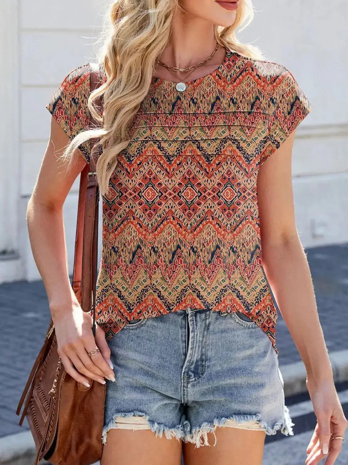 Printed Round Neck Cap Sleeve Top - Clothes For Her Online Store