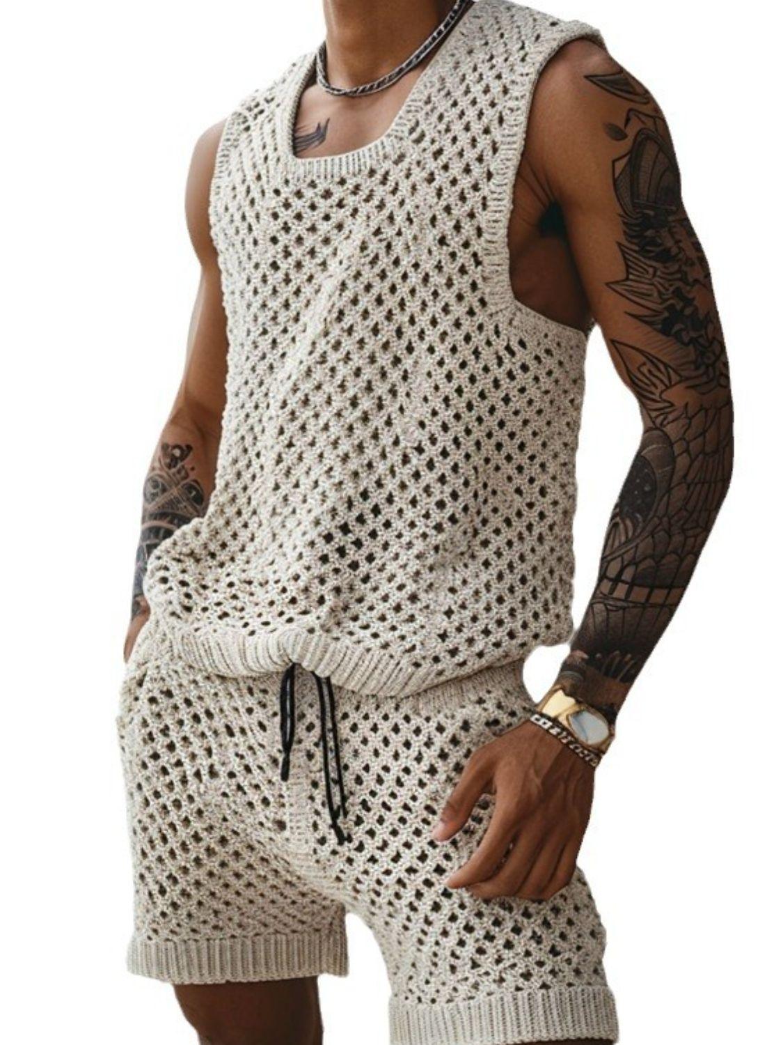 Men's Plus Size Hollow Out Round Neck Tank and Shorts Set - Clothes For Her Online Store
