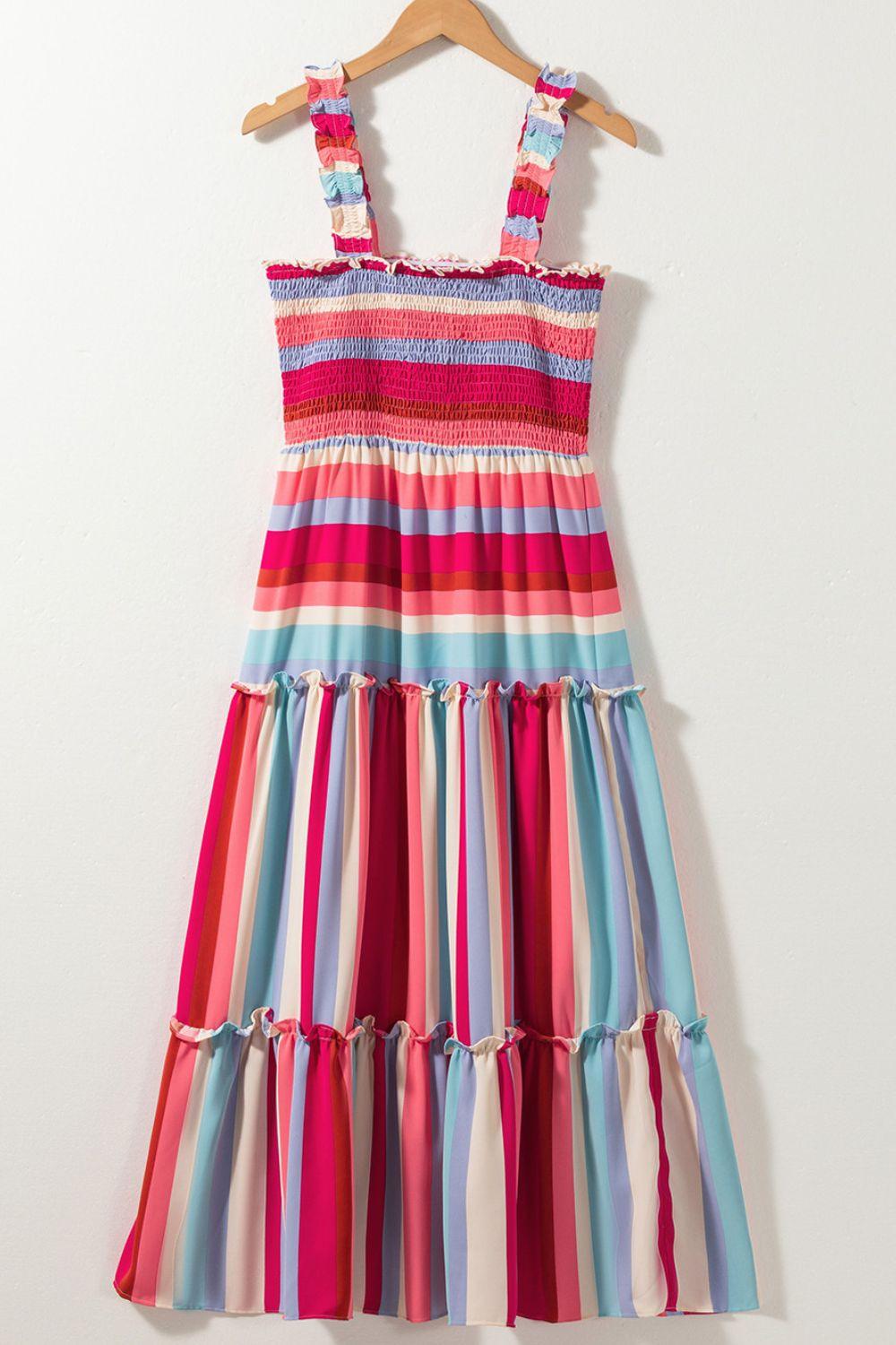 Contrast Stripe Wide Strap Smocked Tiered Dress - Clothes For Her Online Store