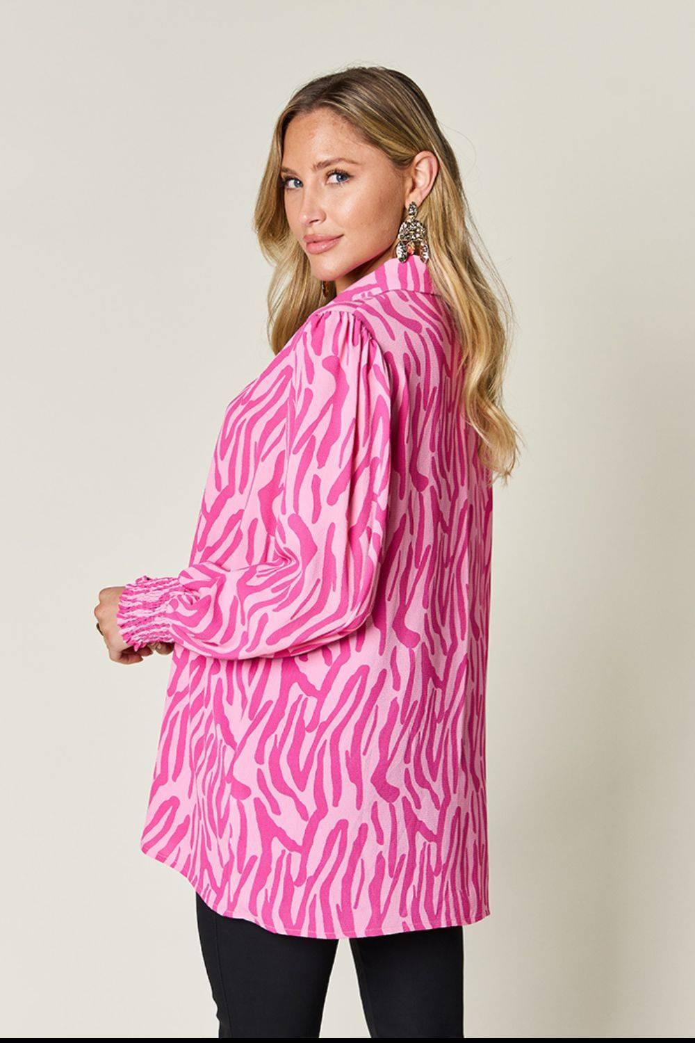Double Take Full Size Printed Smocked Long Sleeve Blouse - Clothes For Her Online Store