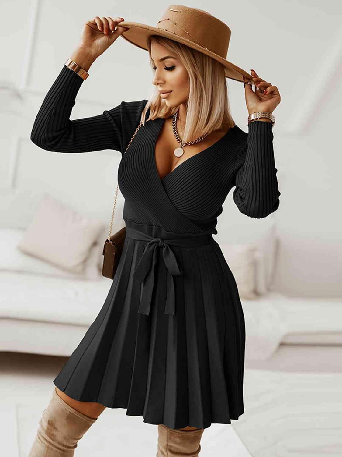 Surplice Neck Tie Front Pleated Sweater Dress - Clothes For Her Online Store