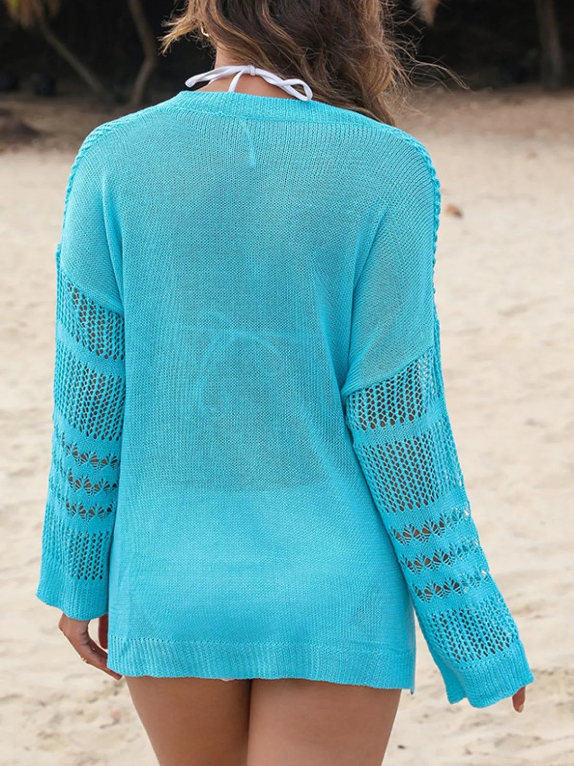 Openwork Notched Long Sleeve Knit Cover Up