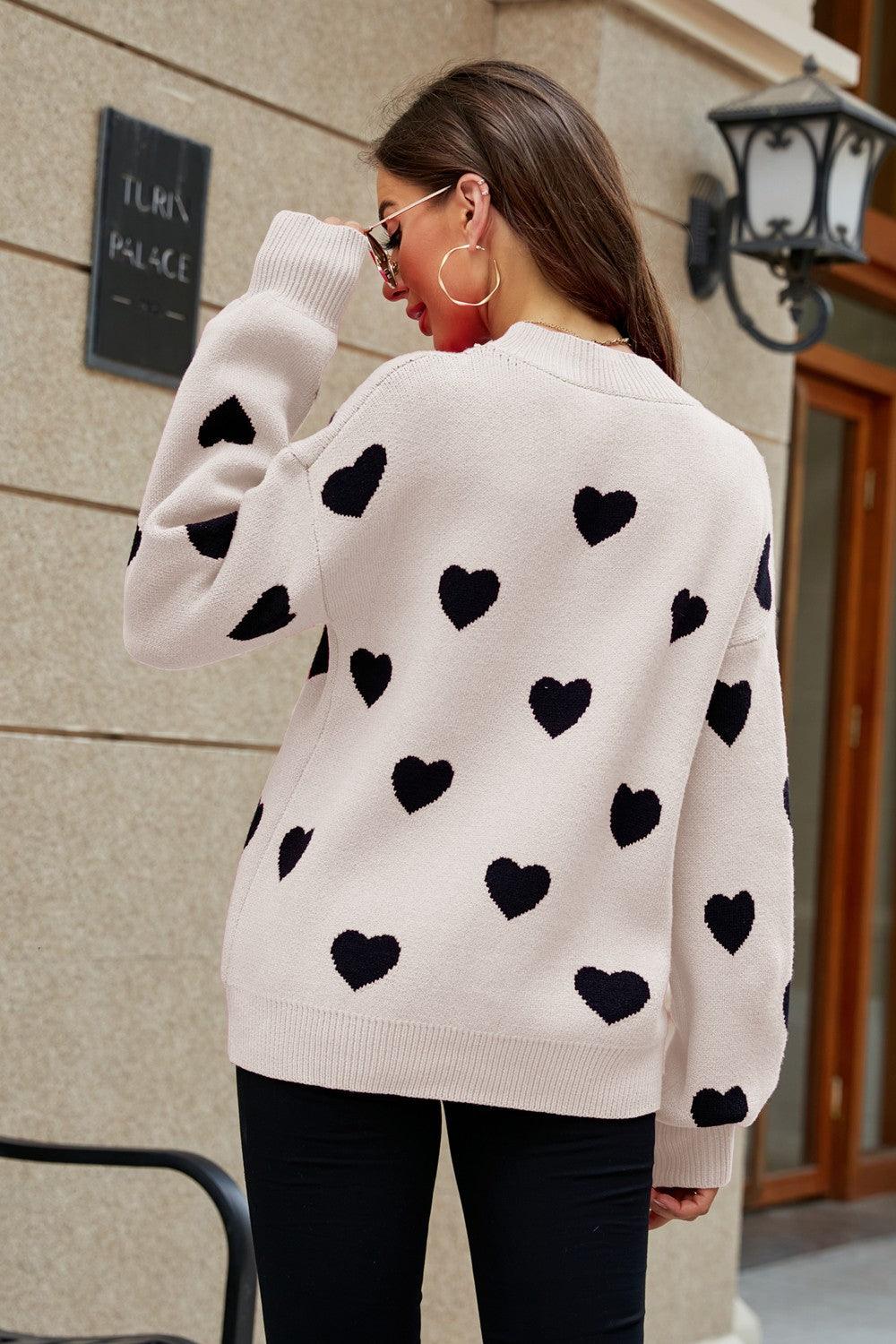Woven Right Heart Pattern Lantern Sleeve Round Neck Tunic Sweater - Clothes For Her Online Store