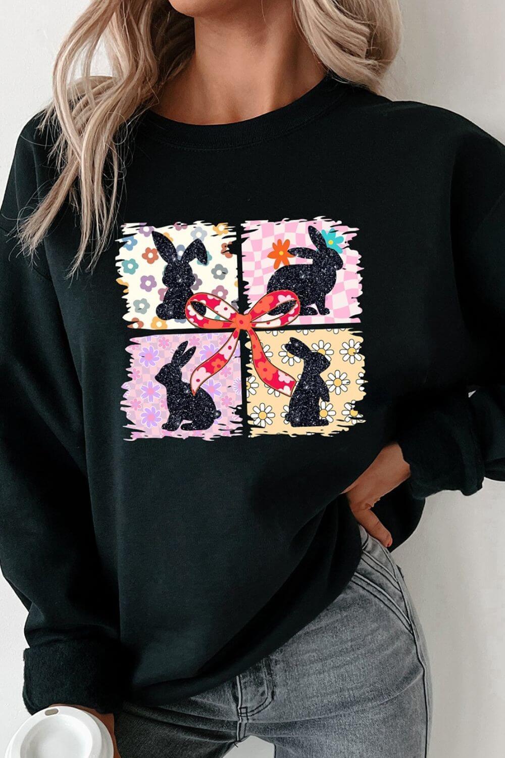 Floral Bunny Plaid Bow Graphic Easter Sweatshirt - Clothes For Her Online Store
