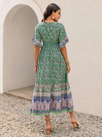 Ruched Printed Flounce Sleeve Midi Dress - Clothes For Her Online Store
