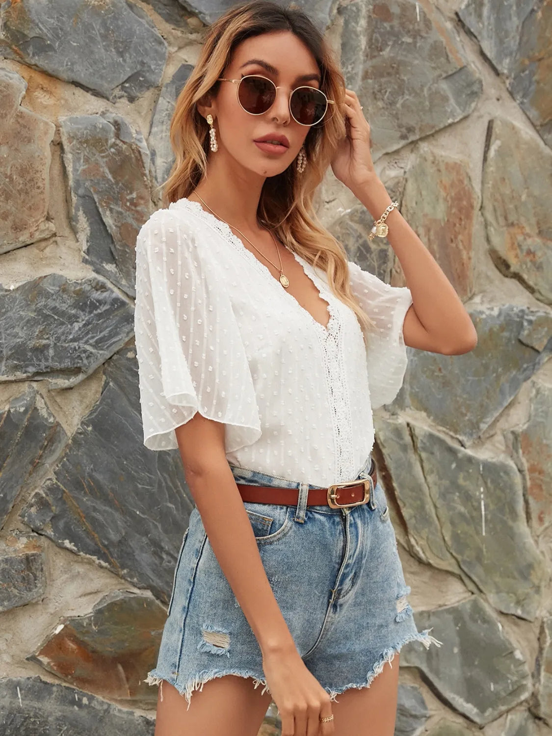 Lace Detail V-Neck Siwss Dot Blouse