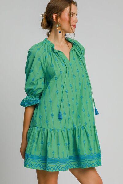 Umgee Full Size Tassel Embroidered Flounce Sleeve Mini Dress Plus Size - Clothes For Her Online Store