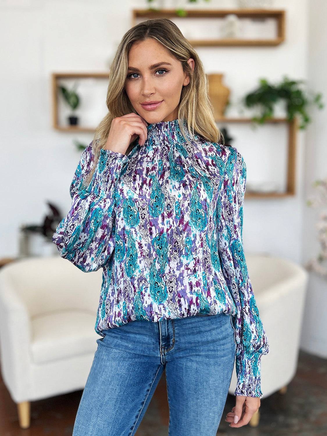 Double Take Full Size Printed Smocked Long Sleeve Blouse - Clothes For Her Online Store