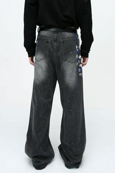 Watercolor Wide Leg Jeans with Pockets - Clothes For Her Online Store