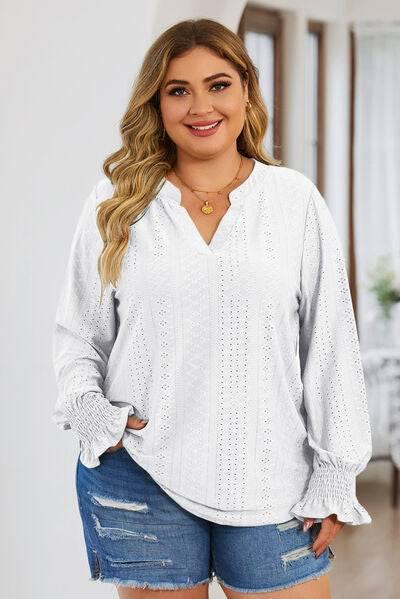 Plus Size Eyelet Notched Flounce Sleeve Blouse - Clothes For Her Online Store