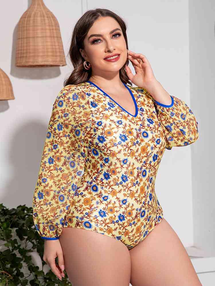 Plus Size Floral Open Back Long Sleeve One-Piece Swimsuit - Clothes For Her Online Store
