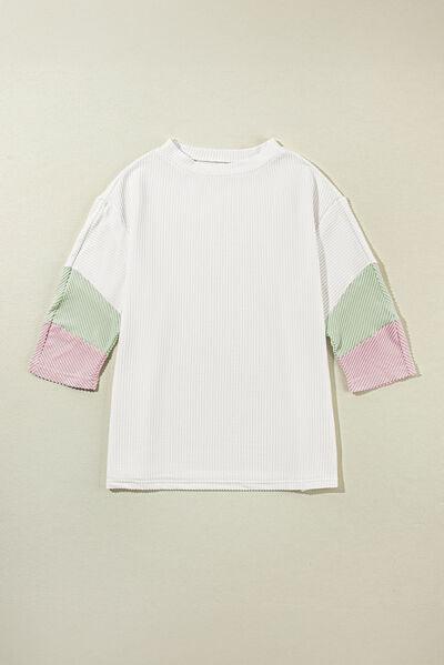 Color Block Ribbed Knit Three-Quarter Sleeve Top - Clothes For Her Online Store