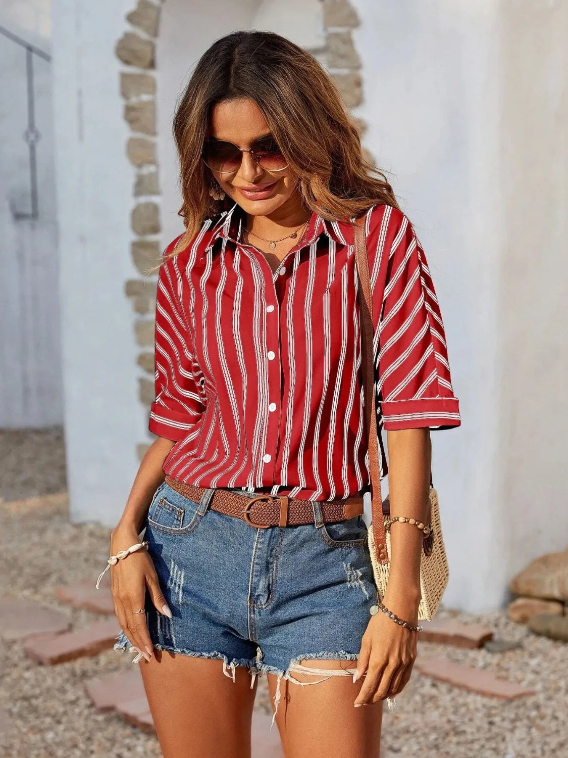 Striped Collared Neck Half Sleeve Shirt