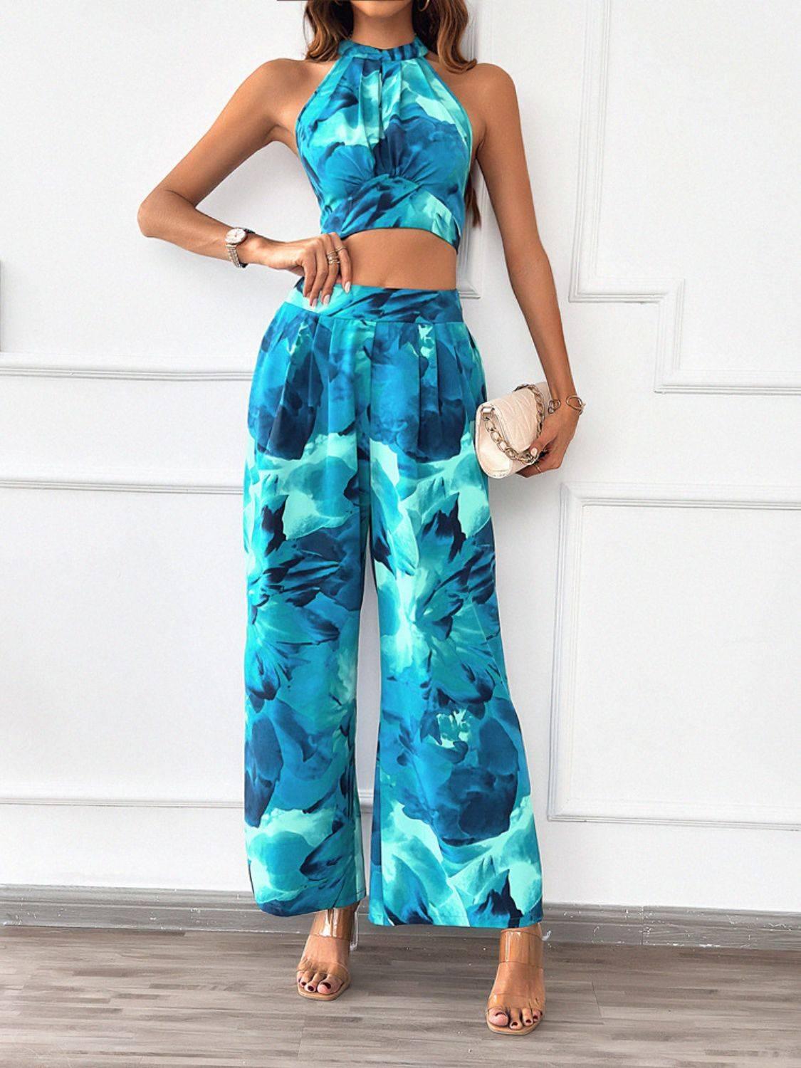 Devine Printed Halter Neck Top and Pants Set - Clothes For Her Online Store