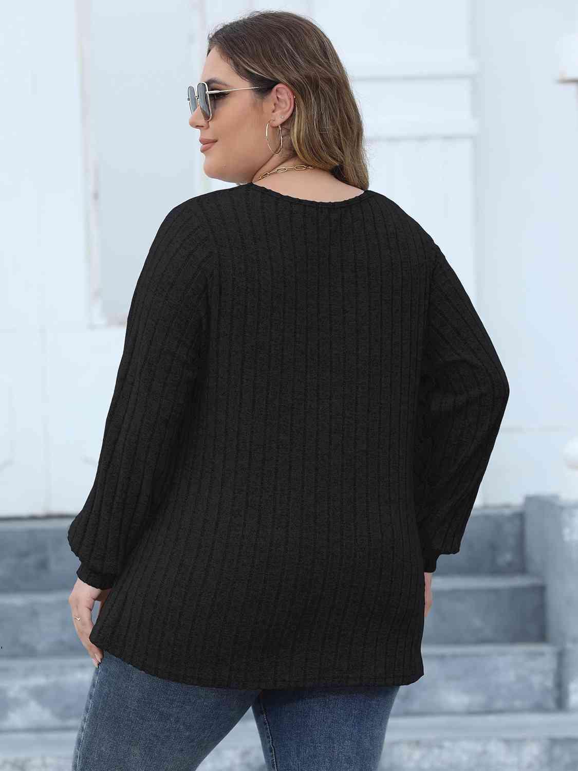 Plus Size Ribbed V-Neck Long Sleeve Top - Clothes For Her Online Store