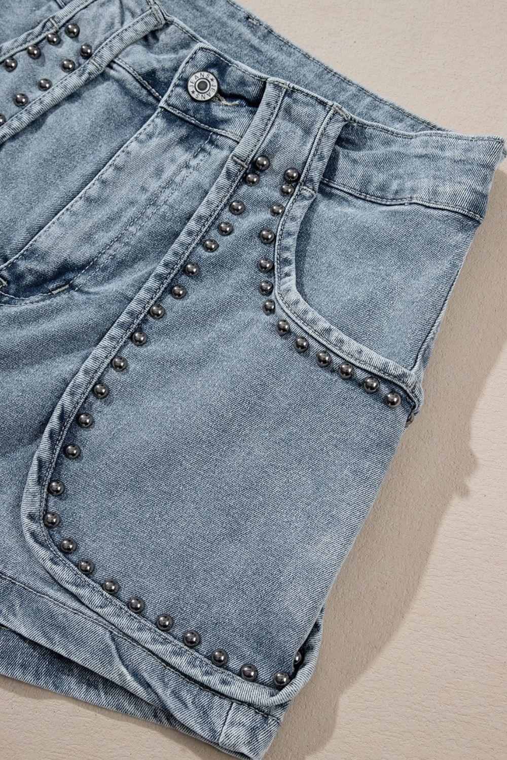 Studded Acid Wash Denim Shorts - Clothes For Her Online Store