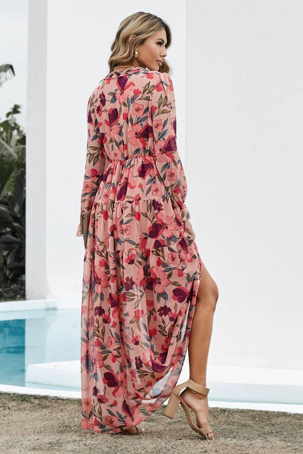 Floral Frill Trim Flounce Sleeve Plunge Maxi Dress - Clothes For Her Online Store