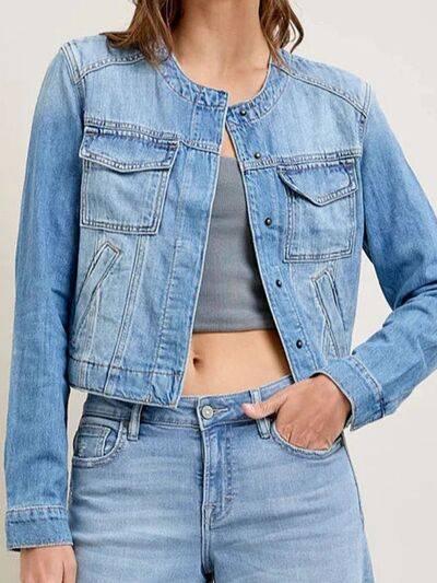 Snap Down Dropped Cargo Denim Jacket - Clothes For Her Online Store