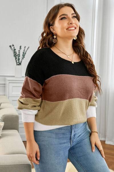 Plus Size Color Block Round Neck Sweater - Clothes For Her Online Store