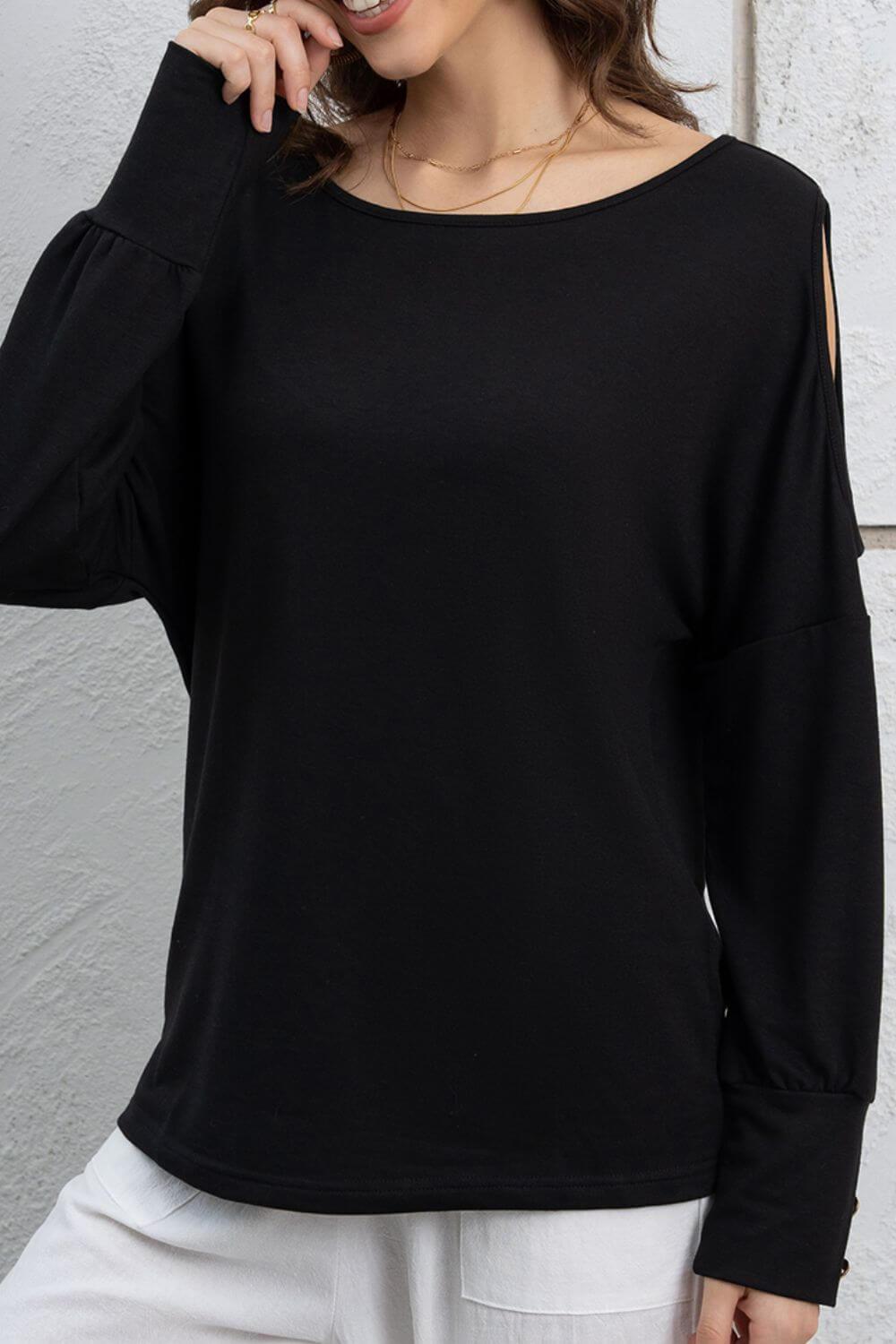 Cutout Round Neck Long Sleeve Top - Clothes For Her Online Store