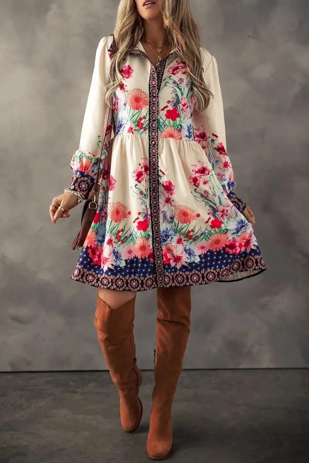 Flower Button Down Lantern Sleeve Dress - Clothes For Her Online Store