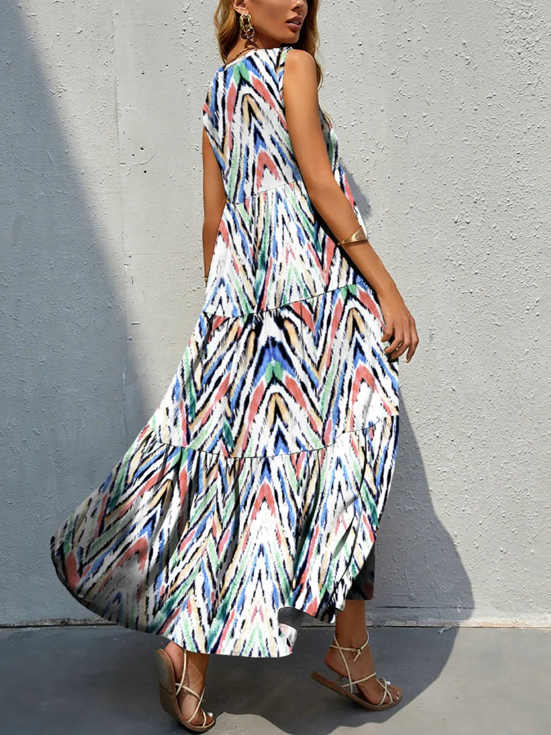 Printed V-Neck Tiered Maxi Tank Dress