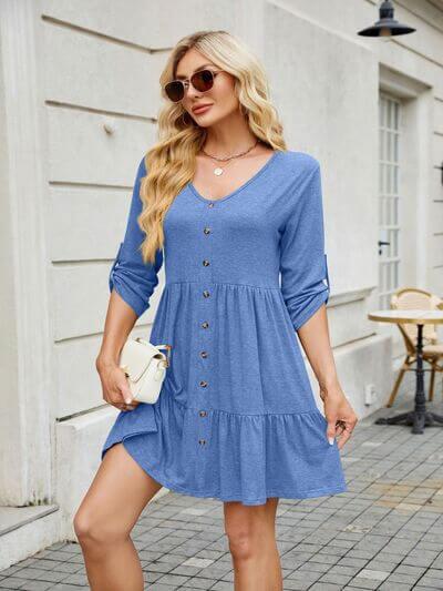 Tiered Ruched V-Neck Mini Dress - Clothes For Her Online Store