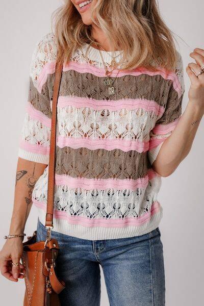 Color Block Openwork Half Sleeve Sweater - Clothes For Her Online Store